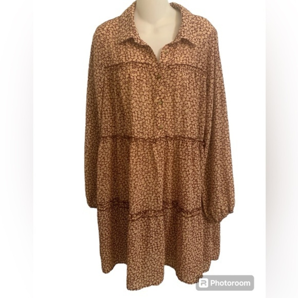 GB Boho Floral Print Tiered Dress Size XL Brown Tan